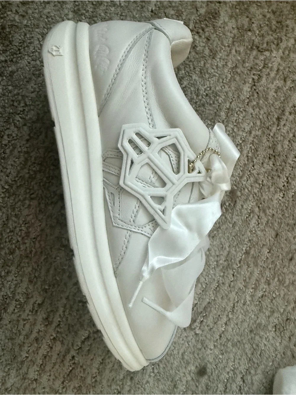 Naked Wolfe Women White Ribbon Lace-Up Sneakers with Gold Charm